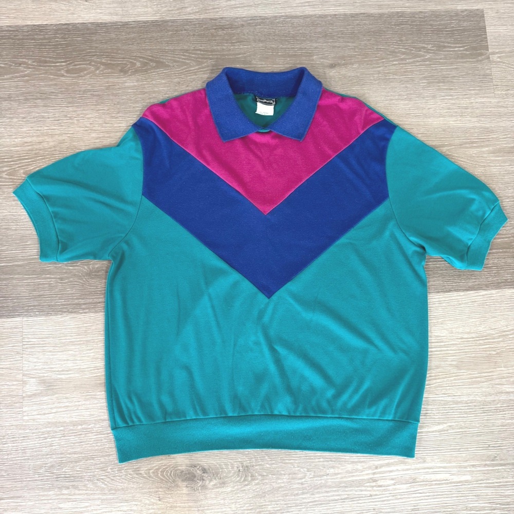 BonWorth Polo Shirt Women L Teal Blue Pink Chevron Colorblock Vintage USA Made